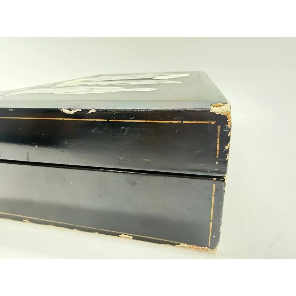 Asian Black Lacquer Jewelry Box Mother of Pearl Inlay Red Velvet 2.35 lb